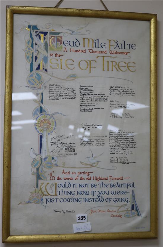 A signed illumination on vellum of Glasgow School of Art Artists from 1920s-30s (Henry Young Alison) 25 x 16in.